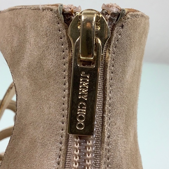 Jimmy Choo Leash Shimmery Cutout Peep toe back zipper Sand Sandal size 36.5 EUC - Picture 4 of 16